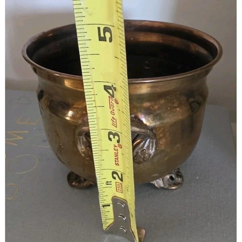 VTG Brass Footed Planter Ornate cachepot Cauldron Pot Handle Patina Cottagecore